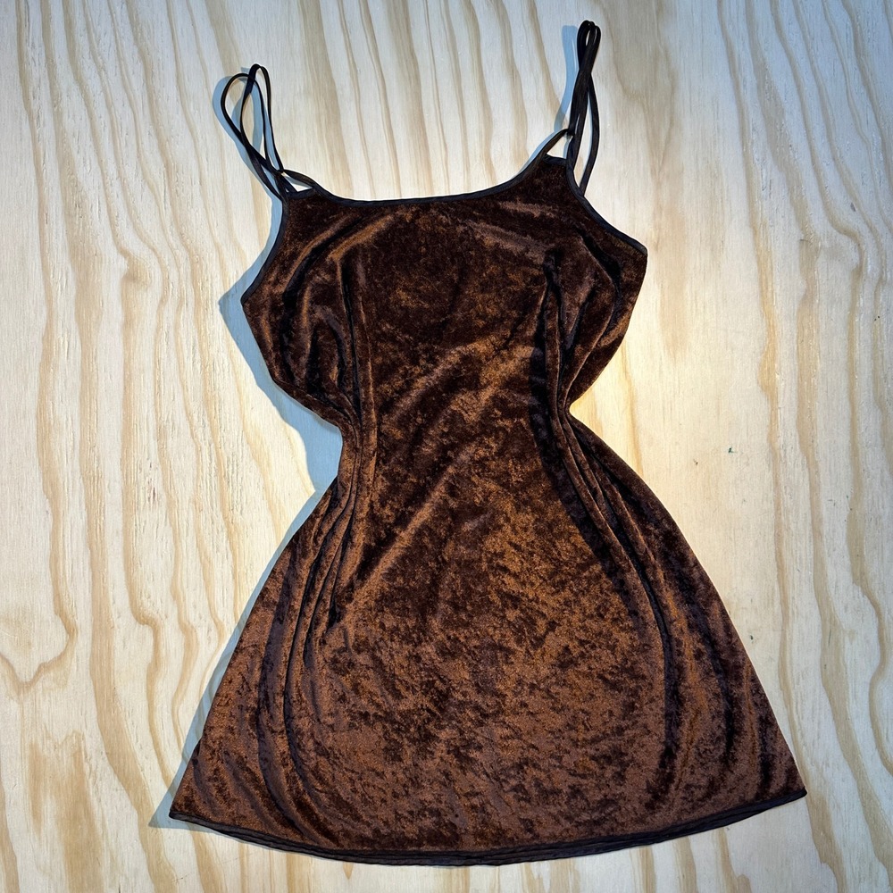 Brown Crushed Velvet Mini Dress Double Strap Scoop Back Size Medium